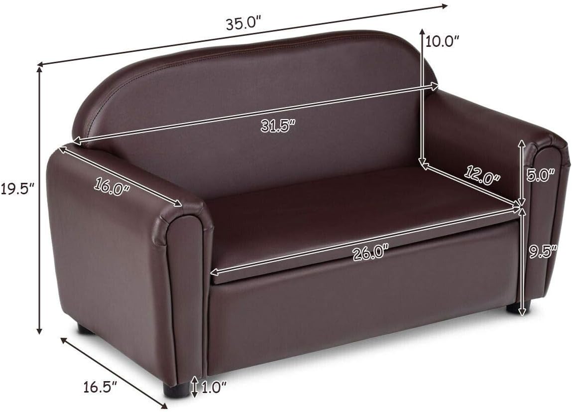 Costzon Kids Couch, 2 in 1 Double Seat Children's Sofa w/Under Seat Storage, PU Leather Surface, Toddler Armrest Chair, Kids Room, Soft Sofa with Storage for Preschool Baby Boys Girls Gifts