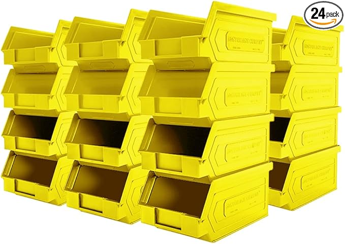24 Pack Small Storage Bin, Wall Mount Storage, Hanging and Stacking Bin, Freestanding | 7” x 4” x 3” Plastic Container | Yellow | Zeus 1PLZ05 | StorageCompat