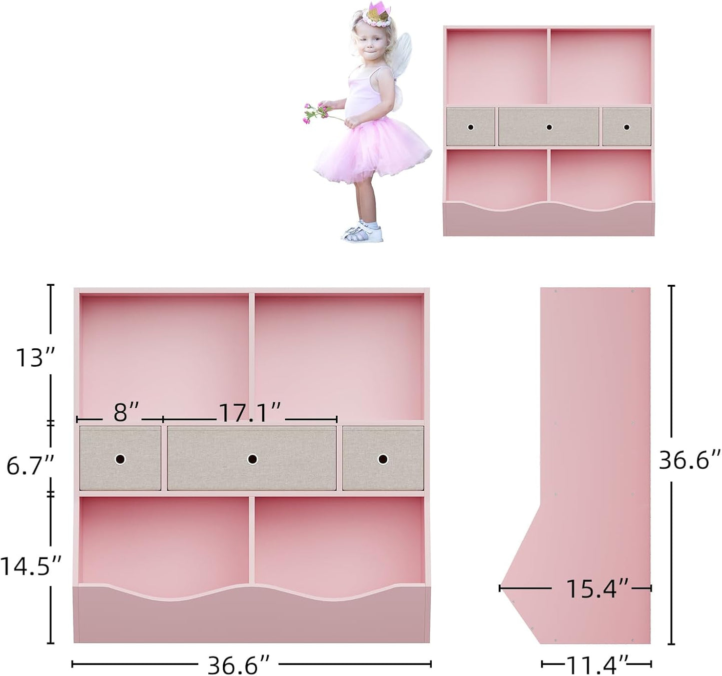 IDEALHOUSE 7-Cubby Large Kids Toy Storage Organizer, Children Wood Bookcase and Bookshelf, 3-Tier Toy Storage Cabinet with 3 Drawers for Hallway, Playroom, Living Room, School, 2 Set Pink