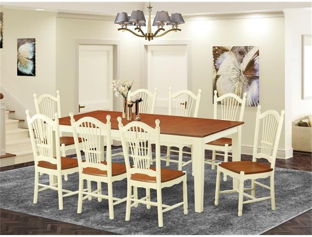 East West Furniture QUDO9-WHI-W 9 Piece Kitchen Table Set Includes a Rectangle Dining Table with Butterfly Leaf and 8 Dining Room Chairs, 40x78 Inch, Buttermilk & Cherry