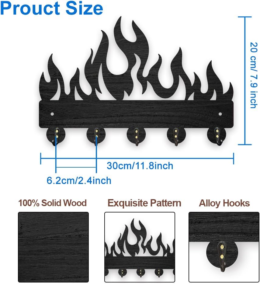 MAYJOYDIY Wooden Flame Key Holder Wall Mount 11.8 x 7.8 inches Fire Key Hanger Wall Art Decor Burning Flame Key Organizer Rack with 5 Alloy Hooks for Entryway Bedroom Living Room Office