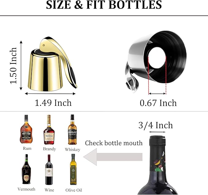 Pafusen Wine Stoppers Set of 2, Stainless Steel Wine Bottle Stopper with Silicone Seal, Reusable Wine Freshness Keep, Wine Saver Wine Bottle Sealer Stopper, Wine Accessories (Gold)