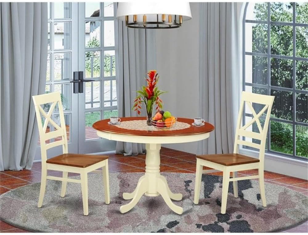 East West Furniture HLQU3-BMK-W 3 Piece Dining Room Table Set Contains a Round Kitchen Table with Pedestal and 2 Dining Chairs, 42x42 Inch, Buttermilk & Cherry