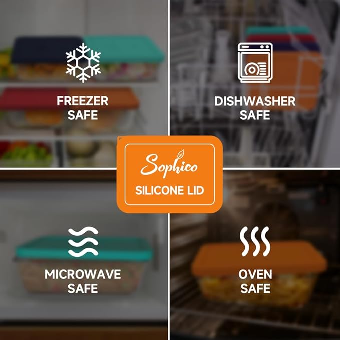 Sophico 11 Cup Rectangle Silicone Storage Cover Lids Replacement for Pyrex 7212-PC Glass Bowls, Container not Included (ORANGE-2PACK)