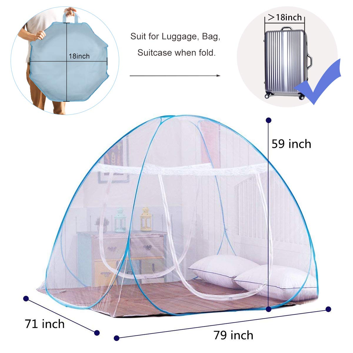 AMMER Pop-Up Mosquito Net Tent for Beds Portable Folding Design with Net Bottom for Baby Adults Trip (79 x71x59 inch)
