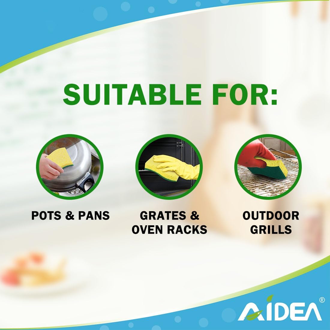 AIDEA Sponges Kitchen, 9Count, Dish Sponges, Heavy-Duty Sponge for Non-Coated Cookware, Scrubbing Power for Tough Messes, Cleaning Sponge for Kitchen, Bathroom, Household