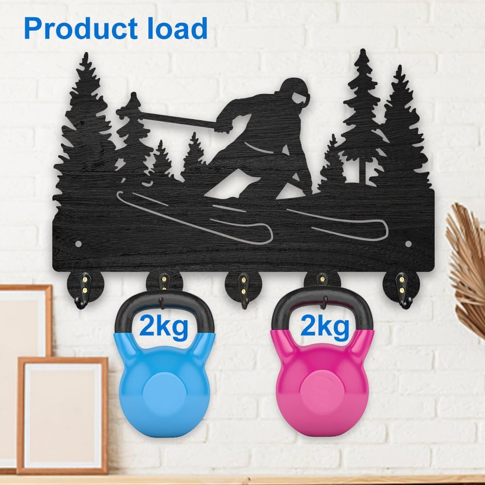 MAYJOYDIY Ski Tree Coat Racks Wood Outdoor Winter Sports Key Holder Wall Mount 11.8×7.9inch Black Key Hooks Rack 5 Alloy Hooks Home Decor Gifts Entryway Kitchen Bathroom Storage Organizer