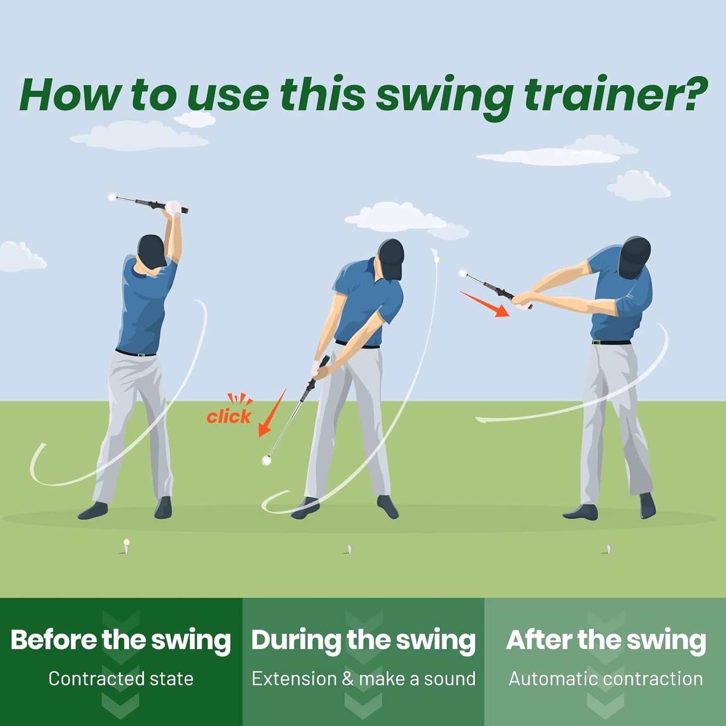 Retractable Golf Swing Trainer – 2025 Golf Gifts with Arm Band,Training Aid for Grip Correction, Swing Click Feedback & Arm Connection,For Right & Left-Handed Golfers,Indoor & Outdoor Practice