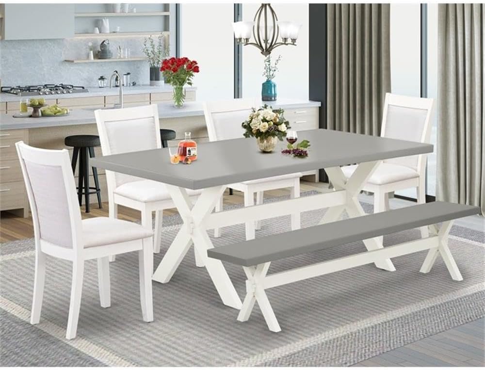 East West Furniture X097MZ001-6 6 Piece Kitchen Table Set Contains a Rectangle Dining Table with X-Legs and 4 Cream Linen Fabric Upholstered Chairs with a Bench, 40x72 Inch, Multi-Color