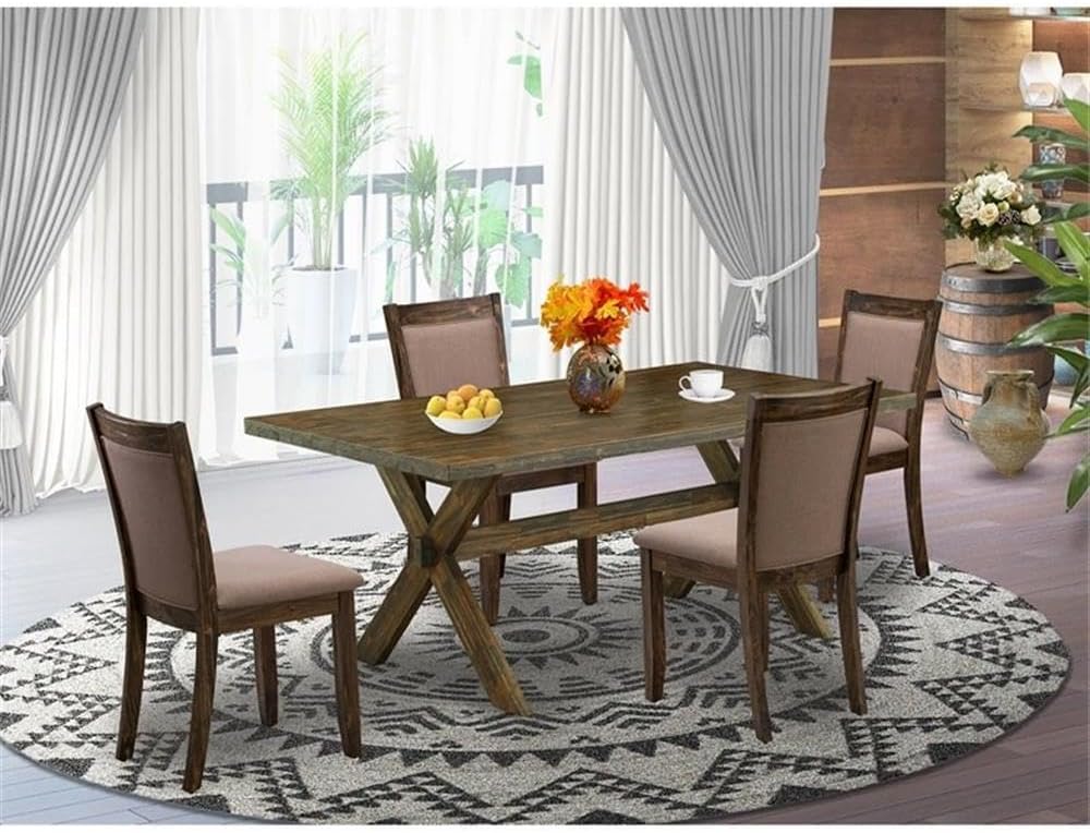 East West Furniture X777MZ748-5 5 Piece Kitchen Table & Chairs Set Includes a Rectangle Dining Room Table with X-Legs and 4 Coffee Linen Fabric Upholstered Chairs, 40x72 Inch, Multi-Color