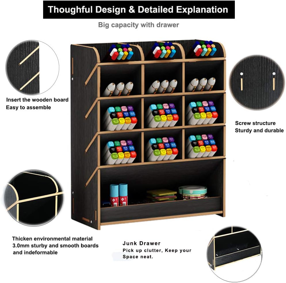 Marbrasse Wooden Pen Organizer, Multi-Functional DIY Pen Holder Box, Desktop Stationary, Easy Assembly, Home Office Art Supplies Organizer Storage with Drawer (B12-Black)