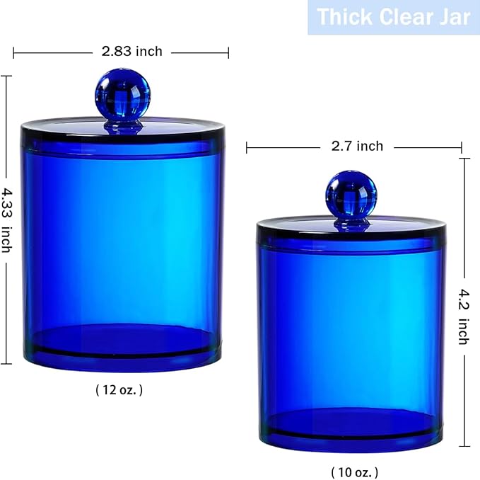 SheeChung 6 Pack Qtip Dispenser Apothecary Jars Bathroom with Labels - Qtip Holder Storage Canister Clear Plastic Acrylic Jar for Cotton Ball,Cotton Swab,Cotton Rounds,Floss Picks, Hair Clips (Blue)