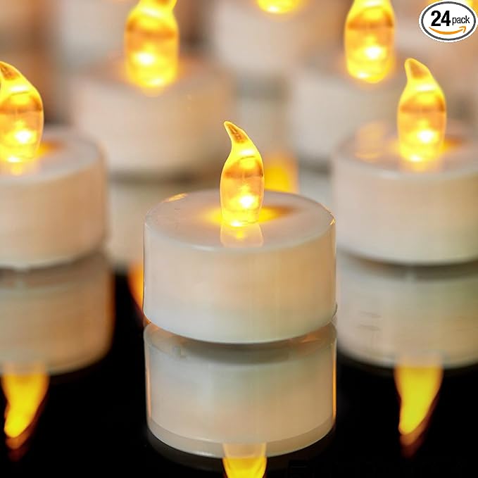 YIWER Battery Tea Lights Candles Set of 24: Flickering flameless Realistic Tealights with Warm Yellow Light Candle Light for Festivals Parties Halloween Warm Atmosphere