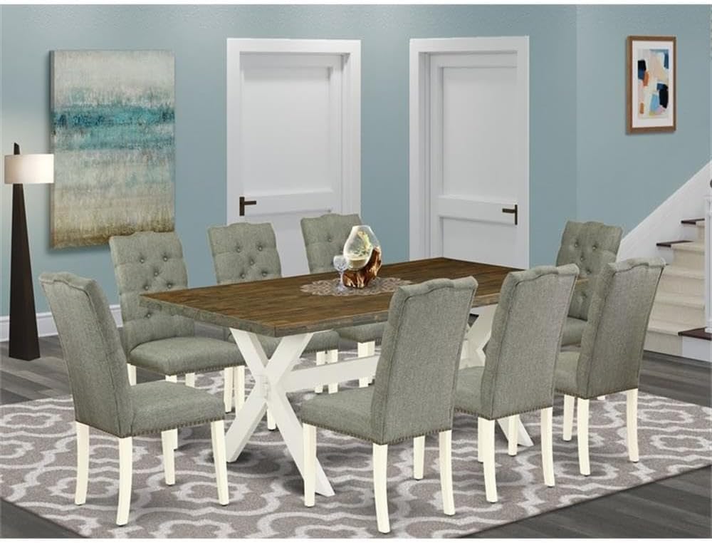 East West Furniture X077EL207-9 9 Piece Kitchen Table Set Includes a Rectangle Dining Table with X-Legs and 8 Gray Linen Fabric Parson Dining Room Chairs, 40x72 Inch, Multi-Color