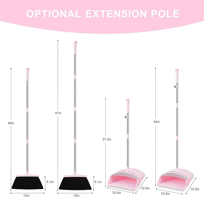 Broom and Dustpan Set, Broom with Dustpan Combo Set for Home 54-in Long Adjustable Handle Dustpan Teeth to Clean Hair for Home Office Kitchen Lobby