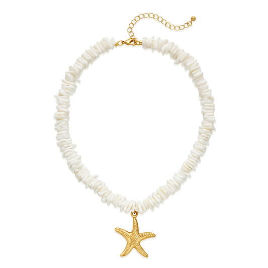 WOWORAMA Sea Shell Necklace for Women Gold Starfish Pendant Necklace Boho Clam Chip Shell Beads Choker Necklaces Hawaiian Summer Beach Surfer Necklaces Jewelry