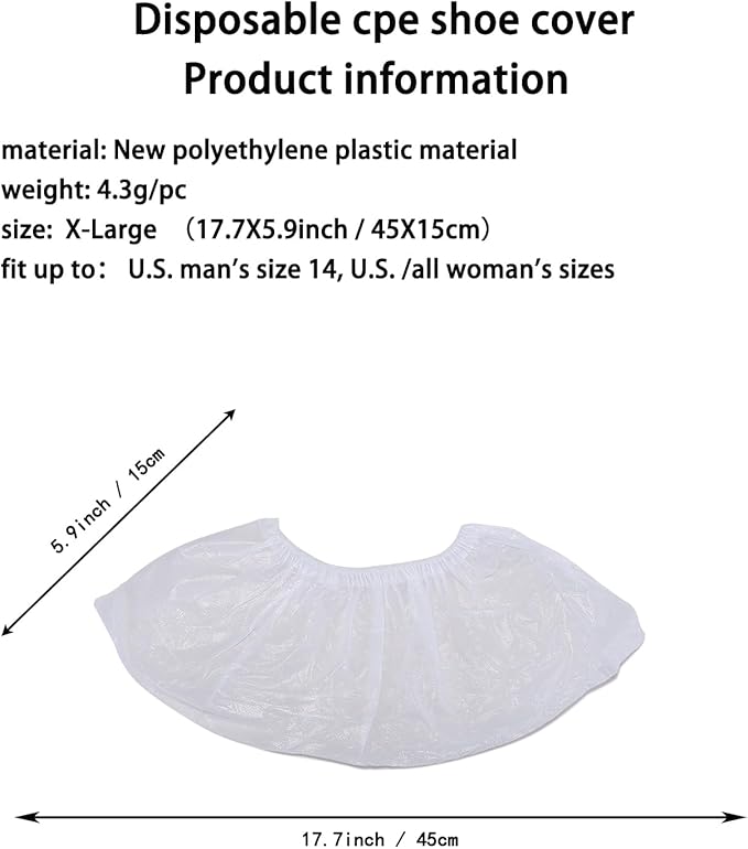 X-Large 100Pcs Shoe Covers Disposable,Boot Cover Waterproof,Dust proof,Non-slip,CPE Booties Shoes Protectors Coverings,White color,One Size Fit All