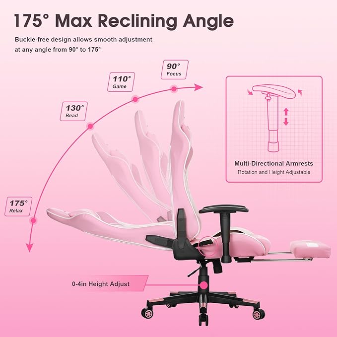 Douxlife 7-Point Massage Gaming Chair, 175° Gaming Recliner with Footrest Ergonomic Computer Office Chair High Back Video Game Chair with Lumbar Support, Upgraded Version Pink