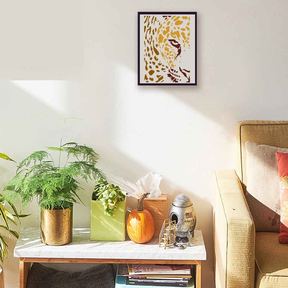 FINGERINSPIRE Peep Leopard Stencil with a Paint Brush 11.7x8.3Inch Abstract Leopard Pattern Painting Stencil Reusable PET Animal Themes Decoration Template for Painting on Wood Wall Floor Furniture