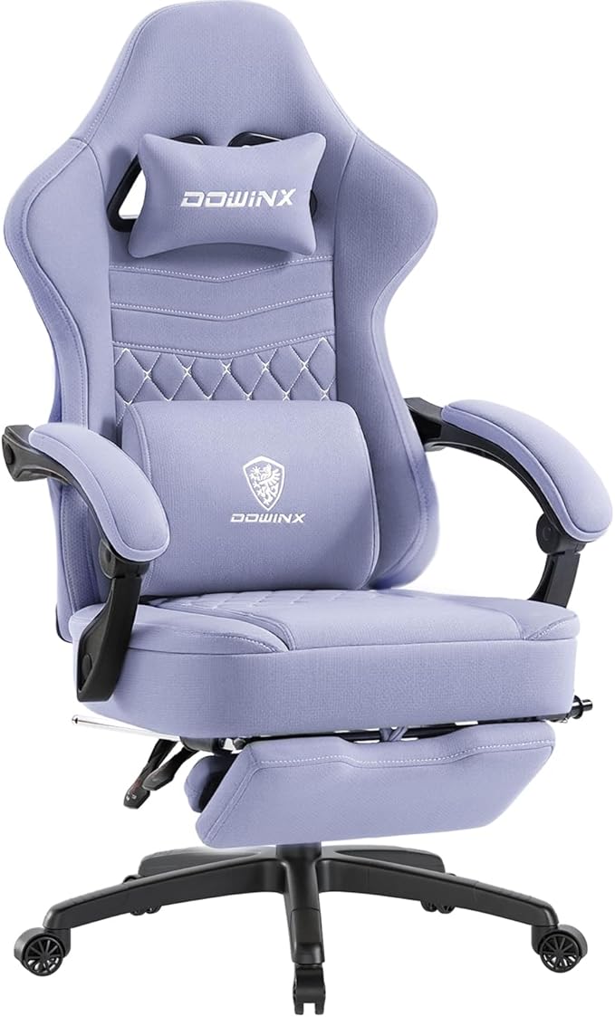 Dowinx Gaming Chair with Footrest, Breathable Fabric Gamer Chair with Gel Pad and Storage Bag, Ergonomic Office Chair with Lumbar Support for Home Task, Purple