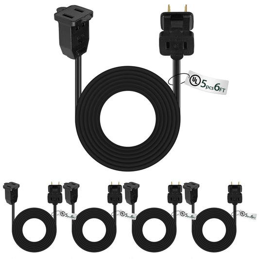 Kanayu 20 Pack 6 ft Black Indoor Extension Cord 2 Prong Electric Cord Extender, Wire Plug in and End, Ac 120 Volts, for Outdoor