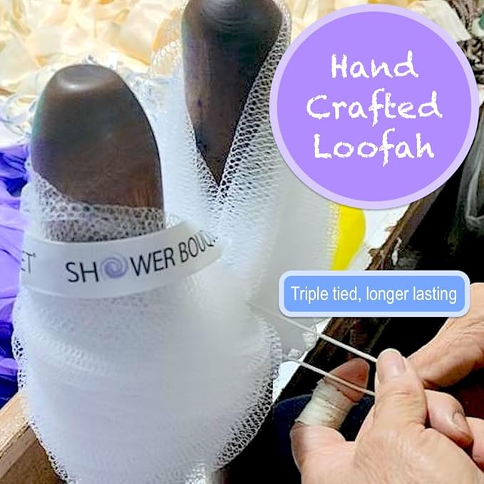 SHOWER BOUQUET Loofah-Charcoal Bath-Sponge-4-Pack // Extra-Large 75g Soft Mesh Black Loofa Lufa Loufa Luffa Puff Set/Exfoliating Body Scrubber for Women and Men - Exfoliate & Soothe Face & Body