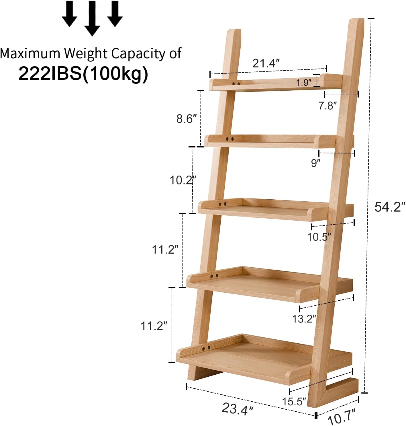 Wooden Ladder Shelf with Edges, 5-Tier Modern Leaning Bookshelf Ladder – Stylish Space-Saving Bookcase for Living Room, Bedroom & Home Office