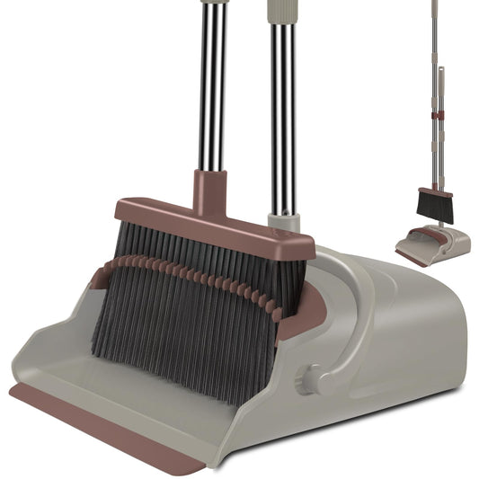 kelamayi Upgrade Broom and Dustpan Set, Self-Cleaning with Dustpan Teeth, Ideal for Dog Cat Pets Home Use, Super Long Handle Upright Stand Up Broom and Dustpan Set (Brown)