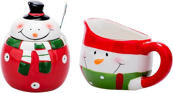 Christmas Sugar and Creamer Set - Ceramic, Adorable Snowman Design - Dishwasher and Microwave Safe