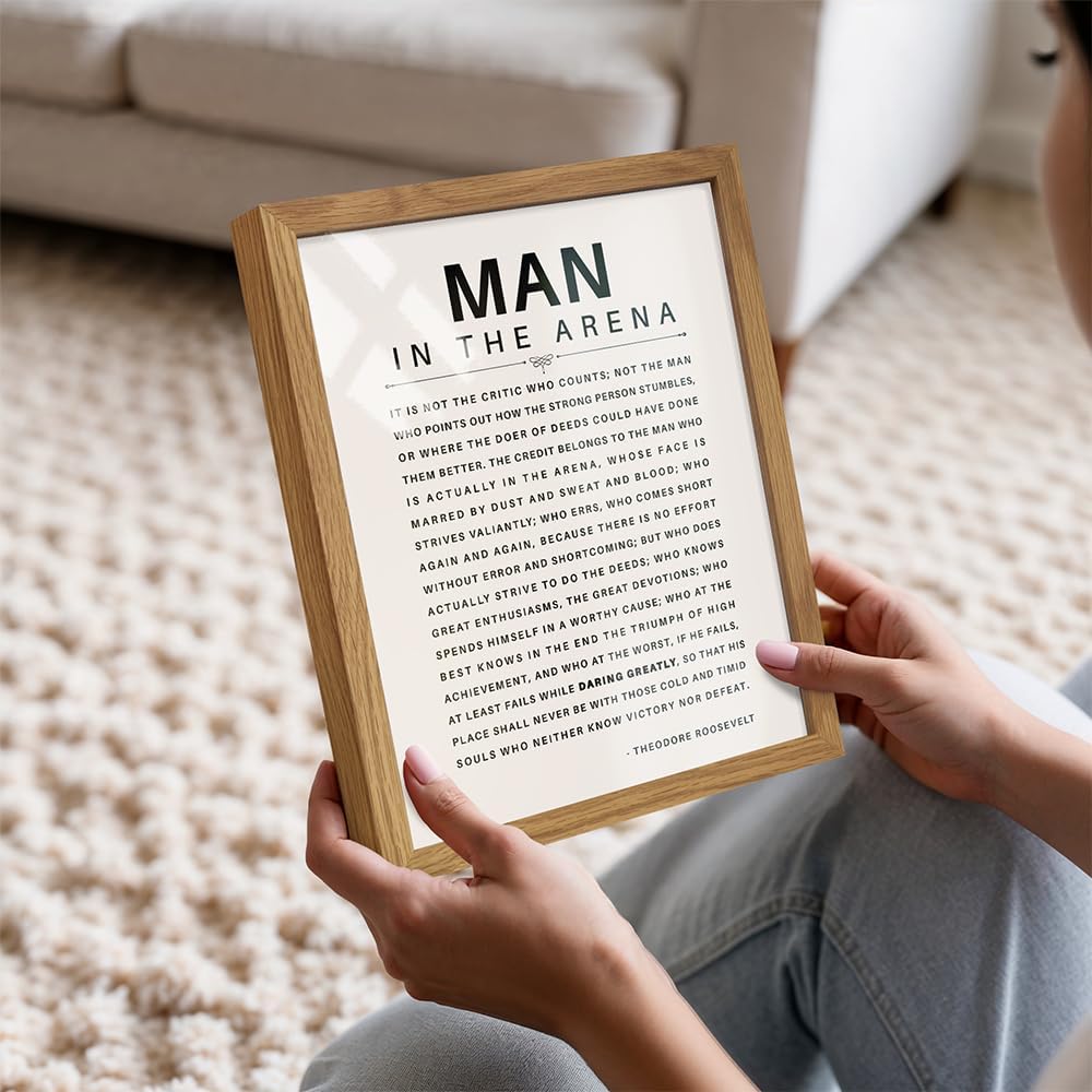 Man in the Arena Quote Poster FRAMED - 8x10 Motivational Inspirational Teddy Roosevelt Daring Greatly Wall Art Decor - Unique Gift for Men, Boys, Teens, Entrepreneur - For Office, Living Room, Bedroom