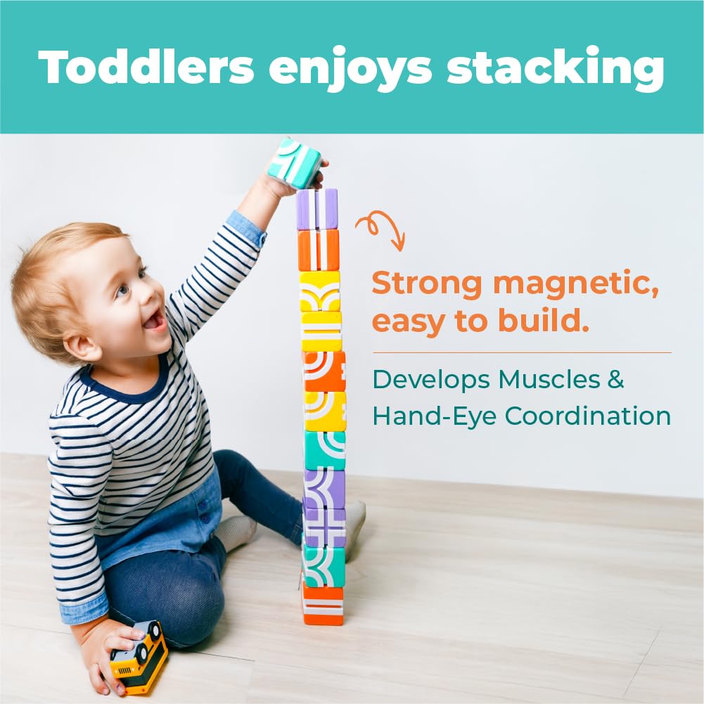 QBI Toy 2 Sets Combo | Happy School Bus & Happy World Play, Magnet Building Tiles, Colorful Blocks Construction Educational STEM Toys with Kids car for 1+ Year Old Boys & Girls (13 pcs+ 9 pcs)