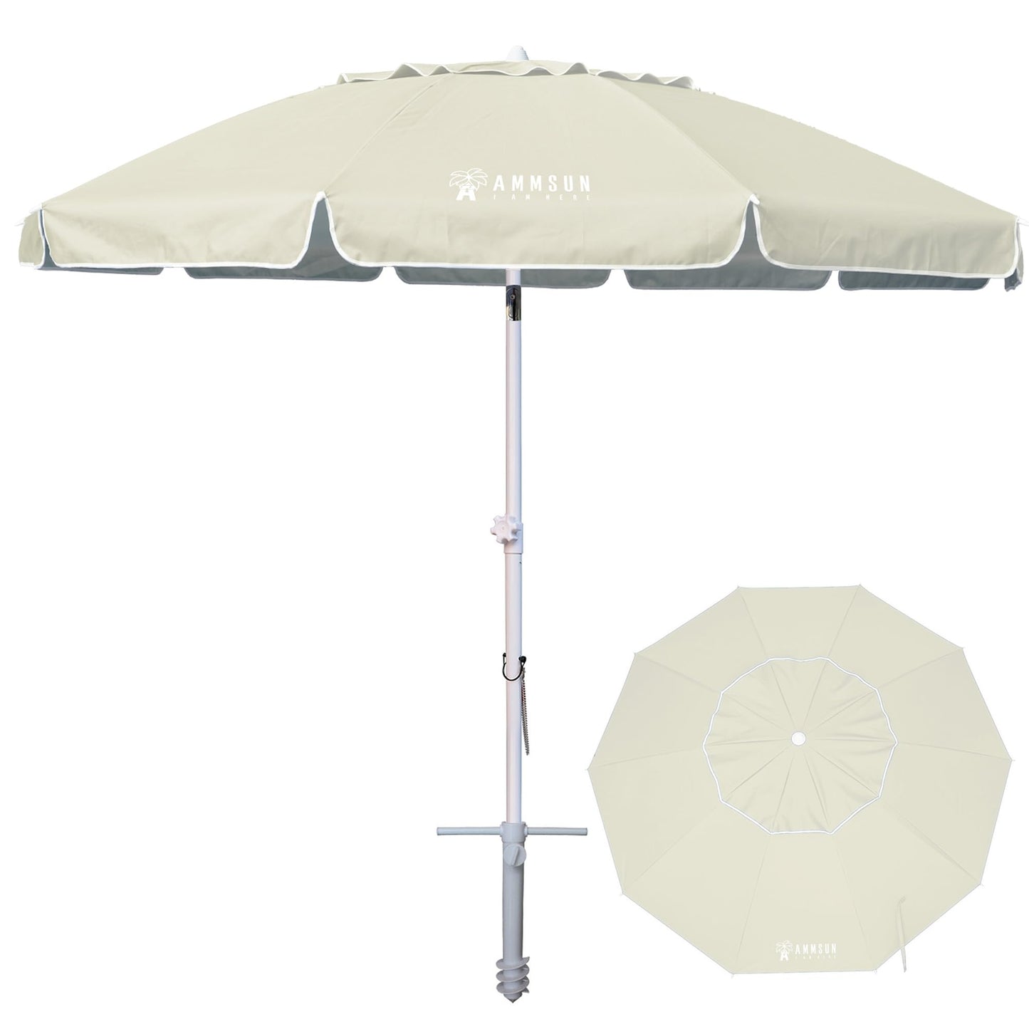 AMMSUN 8 FT Large Beach Umbrellas for sand with Sand Anchor Heavy Duty High Wind Portable Outdoor Umbrellas UPF 50+ Protection Air Vent Tilt Patio Garden Pool (Cream Khaki)