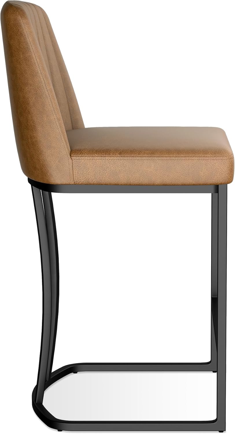 Bar Stools Set of 6, Faux Leather Counter Height Barstools, Upholstered Kitchen Counter Stools with Back and Stitching, 25.6" H Kitchen Island Stools Bar Chair, Metal Framed, Whisky Brown