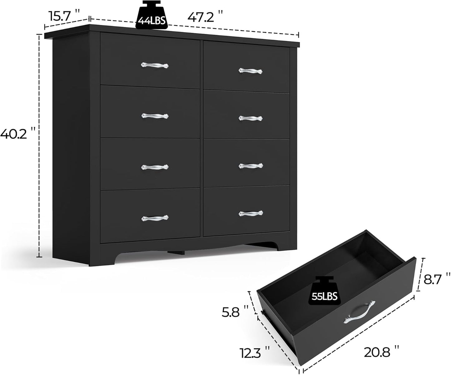 LINSY HOME 8 Drawers Dresser for Bedroom, 47" Wide Rustic Wood Dressers & Chests of Drawers, 40" Tall Modern Storage Dresser with Antique Handles for Closet, Living Room, Hallway, Black