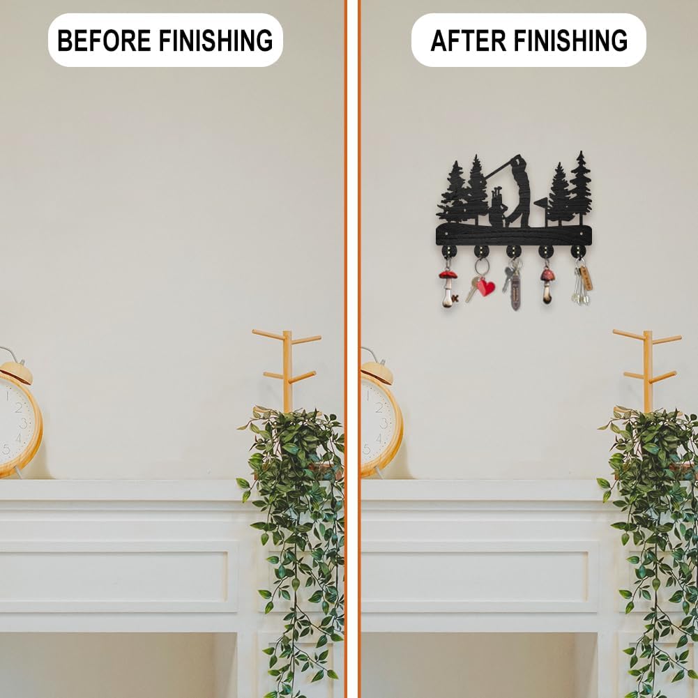 MAYJOYDIY Golf Coat Racks Wall Mounted Wood Golf Clubs Tree Key Hangers for Wall 11.8×7.9inch Black Key Holder 5 Alloy Hooks Home Decor Gifts Entryway Kitchen Bathroom Storage Organizer