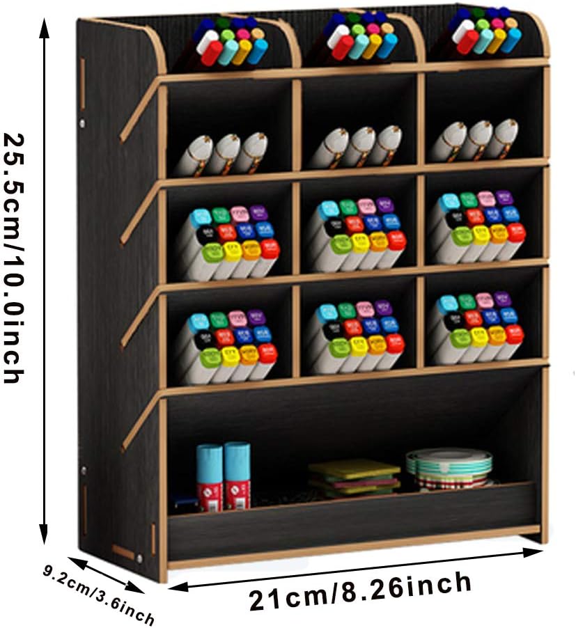 Marbrasse Wooden Pen Organizer, Multi-Functional DIY Pen Holder Box, Desktop Stationary, Easy Assembly, Home Office Art Supplies Organizer Storage with Drawer (B12-Black)