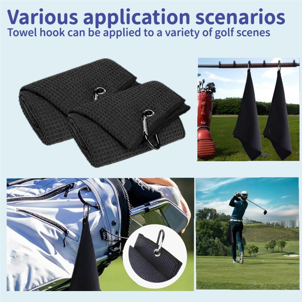 Magnetic Golf Towel, 16"x16" Black Microfiber, Strong Magnet & 3 Grommet Design, Carabiner Hook, Super Absorbent & Easy Clean, Golf Bag Accessory