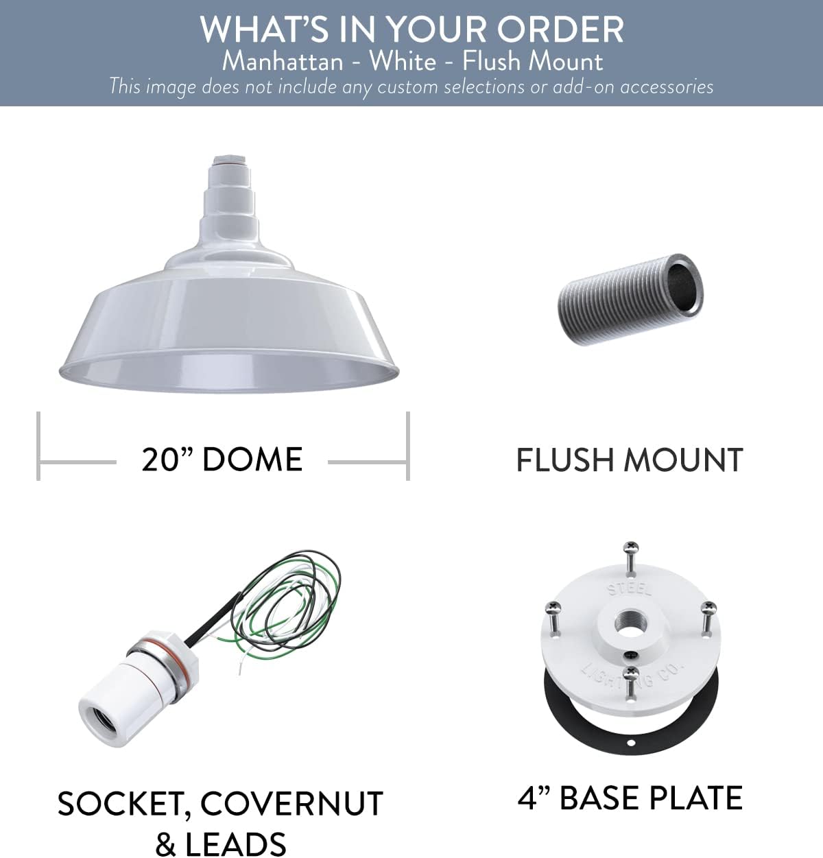 Steel Lighting Co. Manhattan Warehouse Light | Ceiling Mounted Pendant | 20 inch Dome | Flush Mount | Large Steel Barn Light Made in America | White Exterior/White Interior