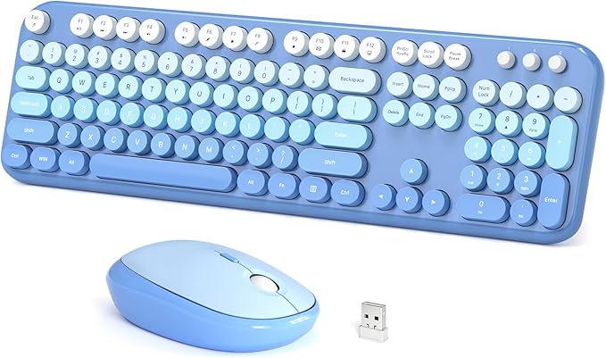 Wireless Keyboard Mouse Combo, Typewriter Full Size Keyboard with Number Pad and 2 in 1 USB Connected Mouse for Windows 7/8/10, Laptop, Desktop, PC, Computer (Blue Colorful)