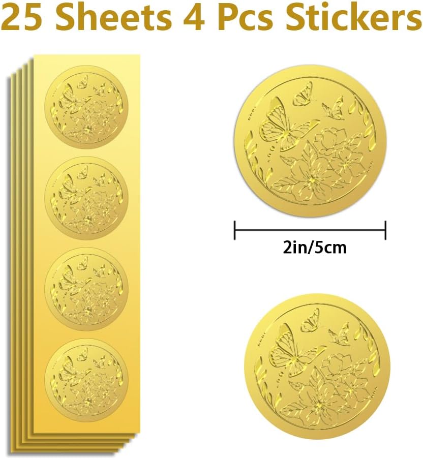 Peacoblue Gold Foil Sticker Seal Embossed 2 Inch 100Pcs Flowers and Butterflies, Self Adhesive Gold Around Embossing Sticker for Invitation Certificate Envelope Seal Gift Card Decoration