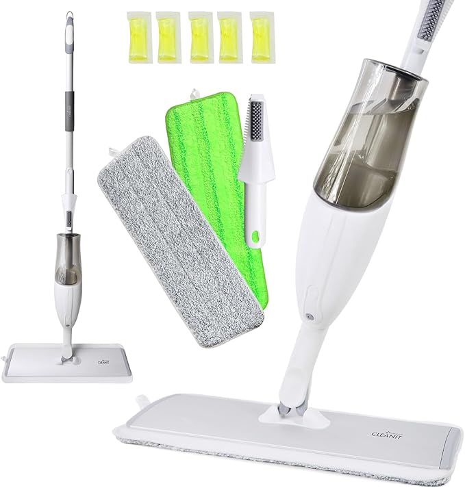 Don Aslett's Spray Mop Plus+ for Floor Cleaning| 360° Rotatable Head | Reusable Microfiber Pad | Rubber Scraper | Refillable | Cleaning Pods | All Floor Types Including Laminate, Hardwood, Tile