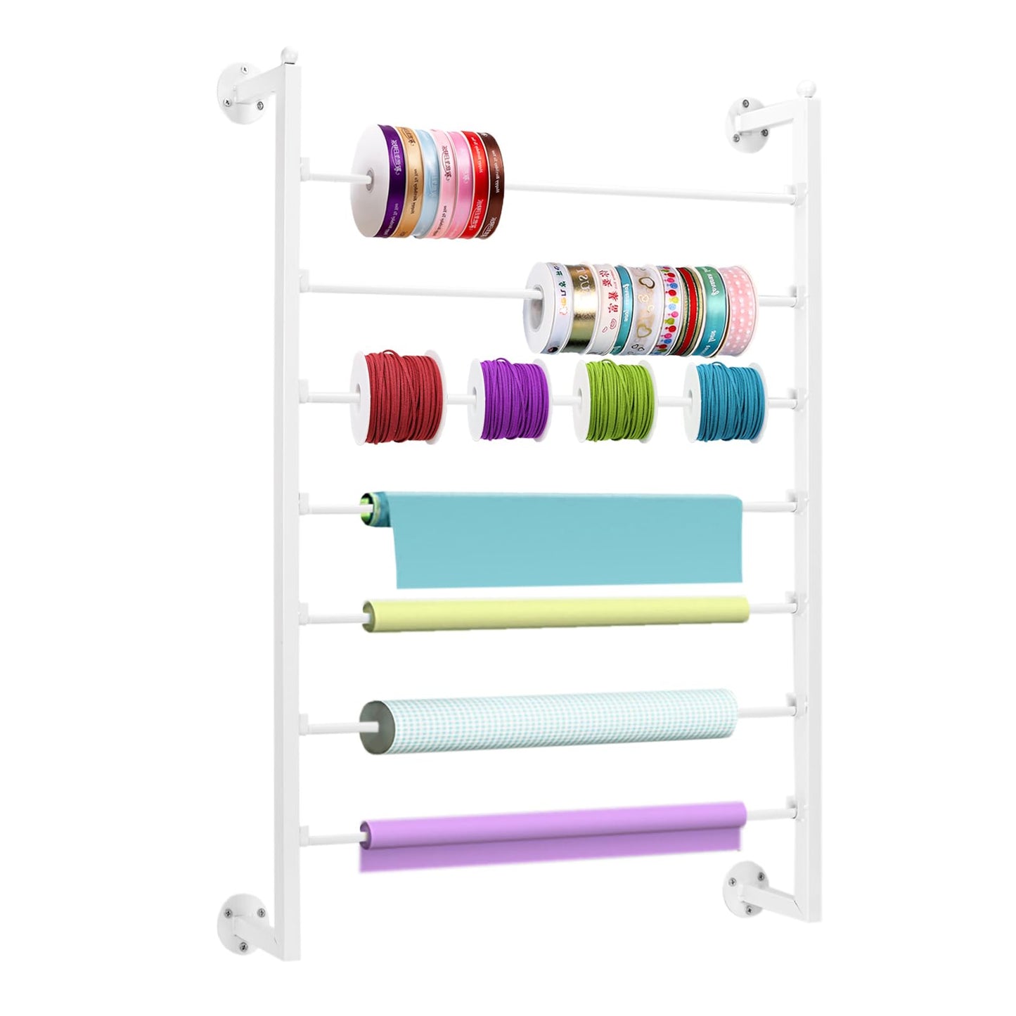 Yonynise Ribbon Storage Organizer,Wall Mounted Ribbon Holder Rack,7 Tier Large Capacity Metal Ribbon Storage for Craft Room,Flower Shop,Cake Shop,Gift Wrapping Paper,White