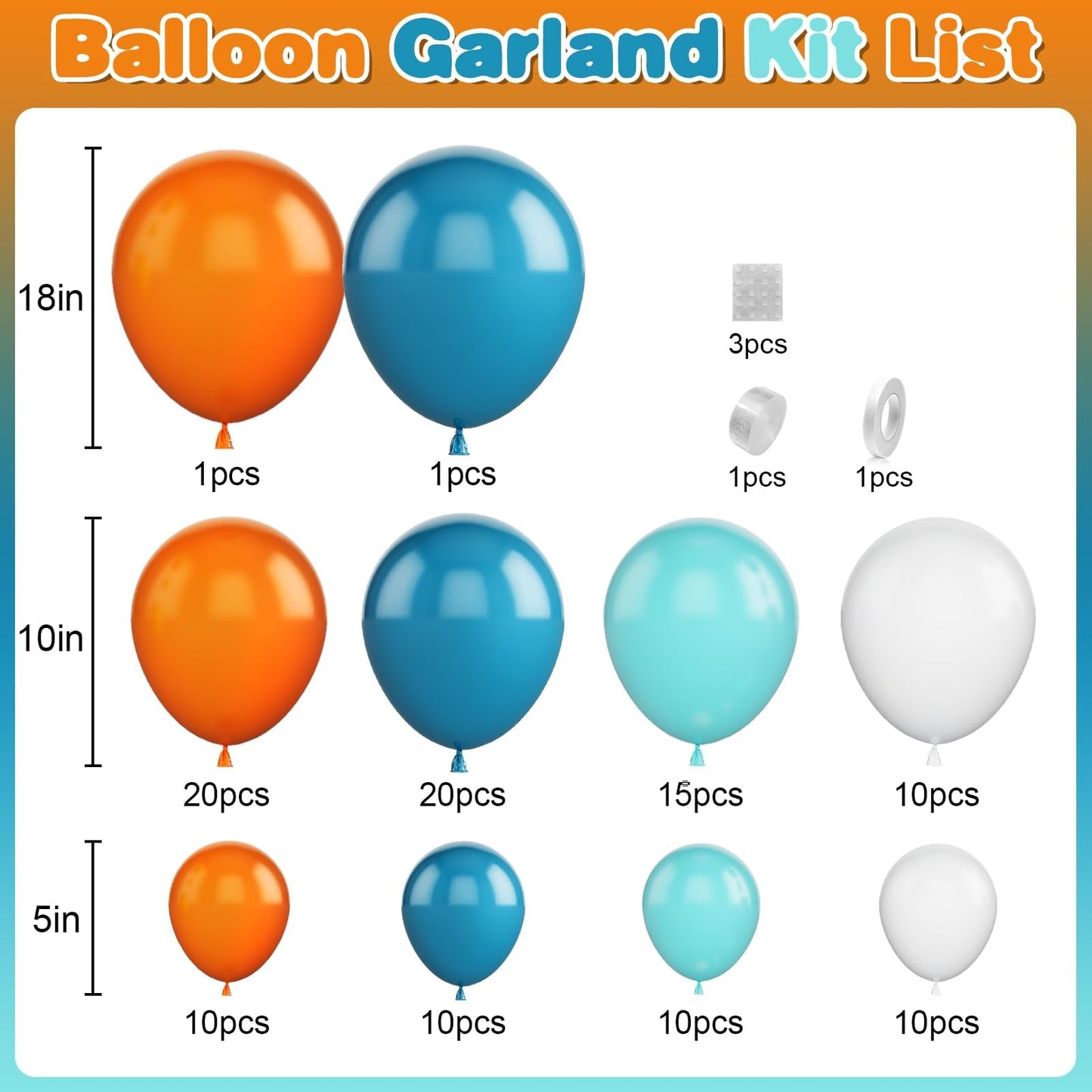 GRESATEK Orange-Blue-White Balloon Arch Garland Kit, Teal Blue Peacock White Latex Balloons, Blue & Orange White Party Balloons for Birthday, Wedding, Baby Shower, Party Supplies