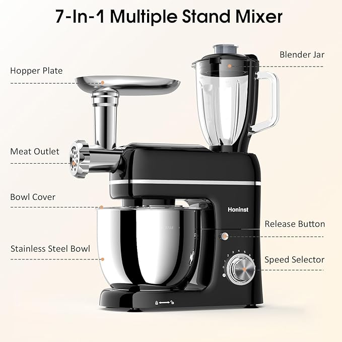 Stand Mixer, 7-IN-1 6.5QT 660W Multifunctional Electric Kitchen Mixers with Blender, Meat Grinder, Dough Hook, Whisk and Beater, 8-Speed Food Mixer for Baking, Cooking, Food Processing, Black