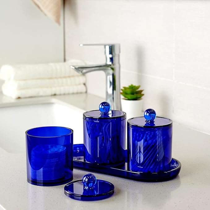 SheeChung 6 Pack Qtip Dispenser Apothecary Jars Bathroom with Labels - Qtip Holder Storage Canister Clear Plastic Acrylic Jar for Cotton Ball,Cotton Swab,Cotton Rounds,Floss Picks, Hair Clips (Blue)