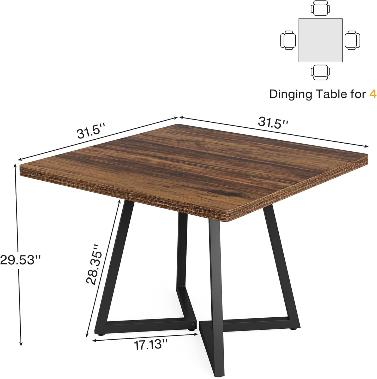 Tribesigns Square Dining Table for 6, 31.5" Industrial Dinner Table with Metal Base, Kitchen Table for Dining Room, Small Space, Apartment, Rustic Brown & Black