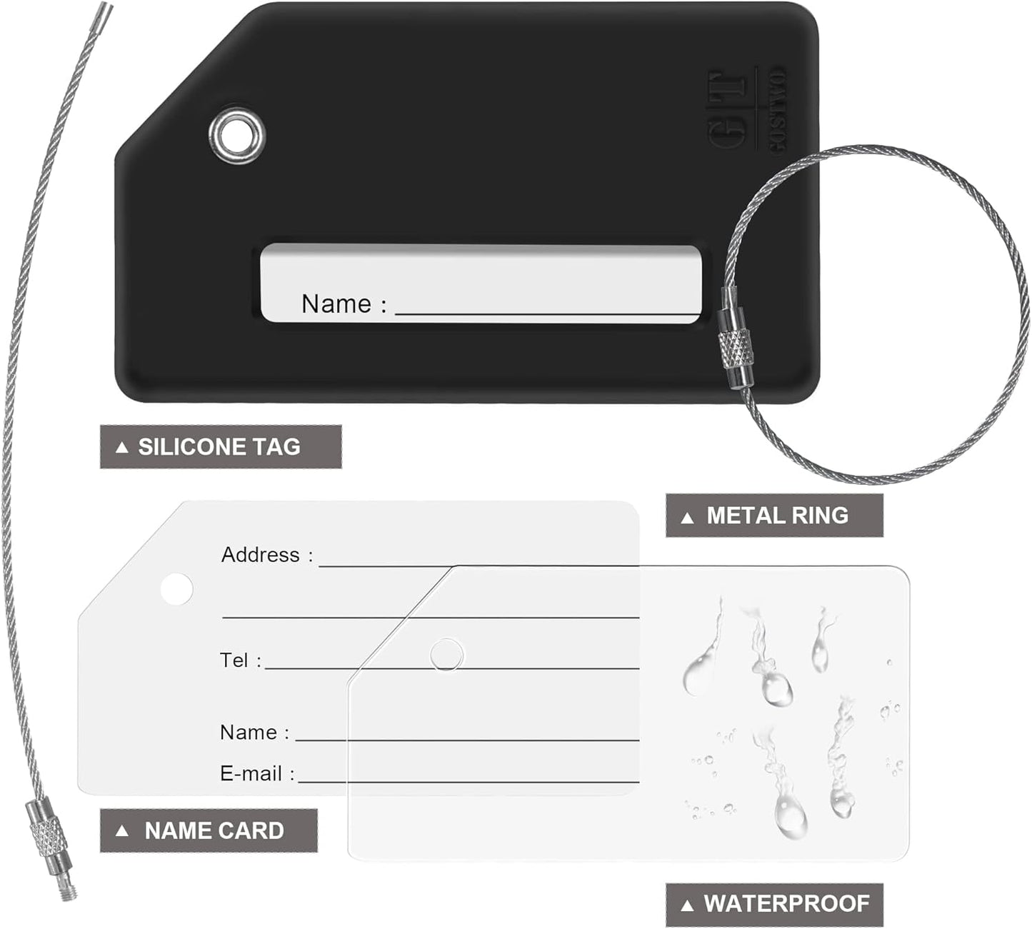 8 Pcs Luggage Tags for Suitcases, 26 Initial Letter Travel Luggage Baggage Identification Labels ID Tags Fully Bendable Tags with Stainless Steel Loop (Letter D, Black)