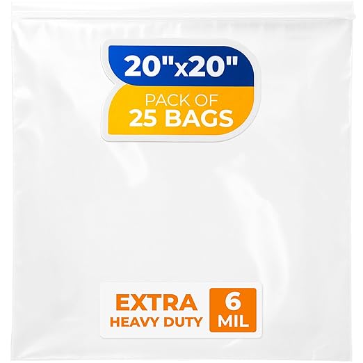 20" x 20" Extra Large Zip Seal Lock Bags, 6 Mil (Pack of 25) – Heavy-Duty Reclosable Plastic Bags – Clear, Resealable, Waterproof – For Storing Clothes, Tools, or Travel Items