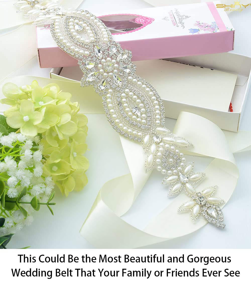 ShiDianYi Wedding Belt Applique Bridal Belt Rhinestone Applique Silver Wedding Dress Sash Belt Applique Crystal Rhinestone Off White Pearls…