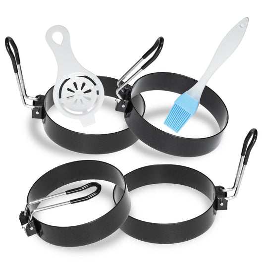 Stainless Steel Egg Rings for Frying Eggs（4 Pack） - 3.5" Round Non Stick Griddle Rings with Oil Brush, Egg Sandwich/Pancake/Cooking Molds, Breakfast Maker Accessories & Egg Separator